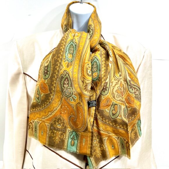 Vgt  ETRO scarf 70%Wool/39% Silk 56"x17" Rusty Gold Blue Paisley Fringed (37) - Picture 4 of 11